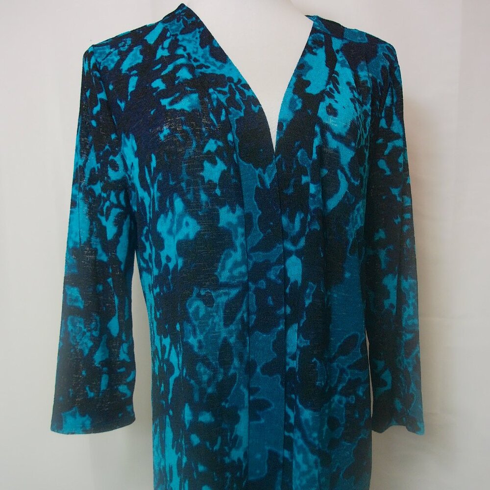 Chico’s Easywear Open-Front Cardigan – Blue & Black Abstract Print SZ 2/Large